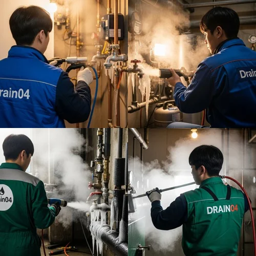 월곡동 해빙 하수도 배관 업체 꽁꽁 언 곳 녹여서 복구